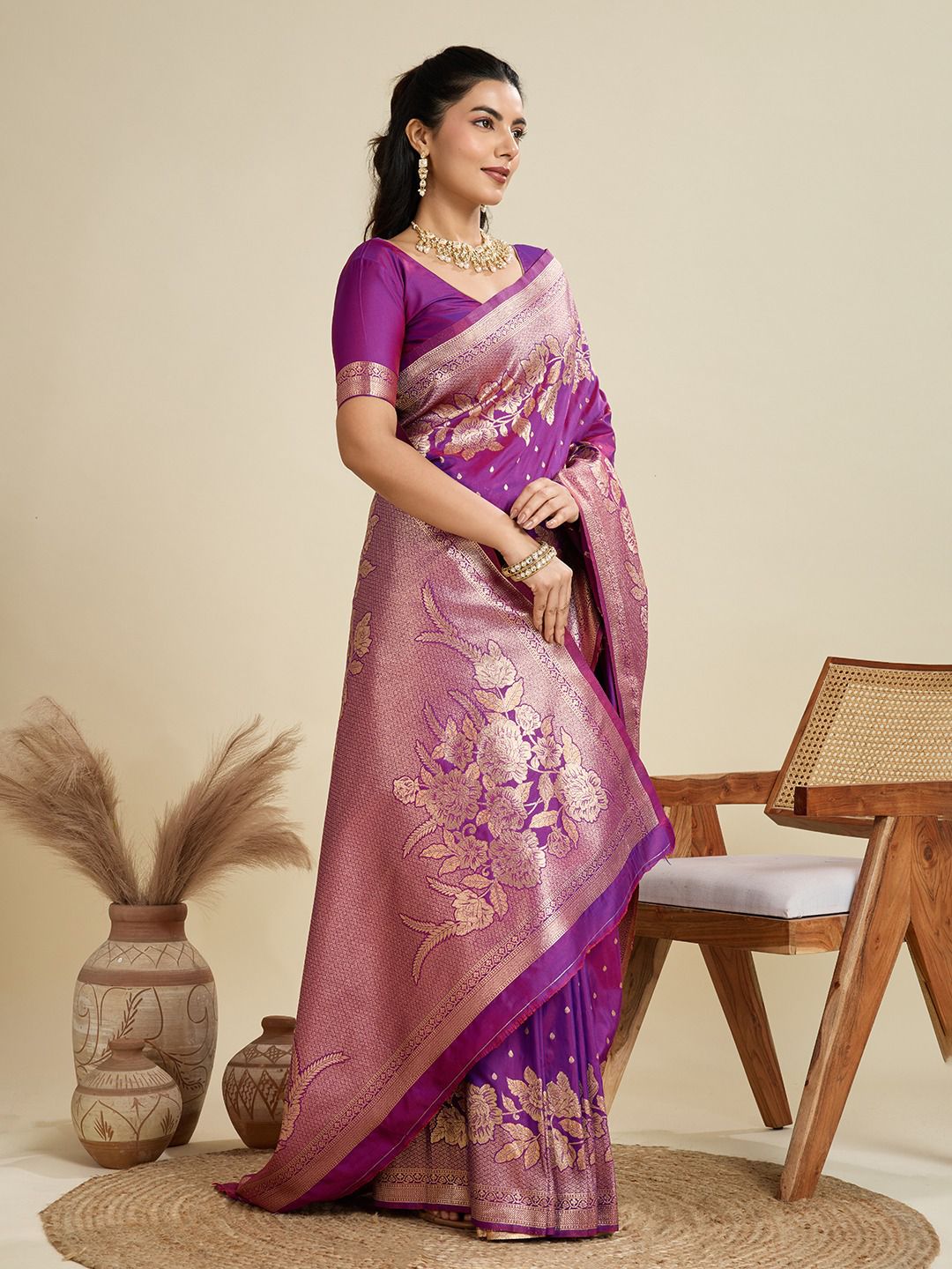 Purple Soft Kanjivaram Silk Zari Weaved Pallu Border Saree
