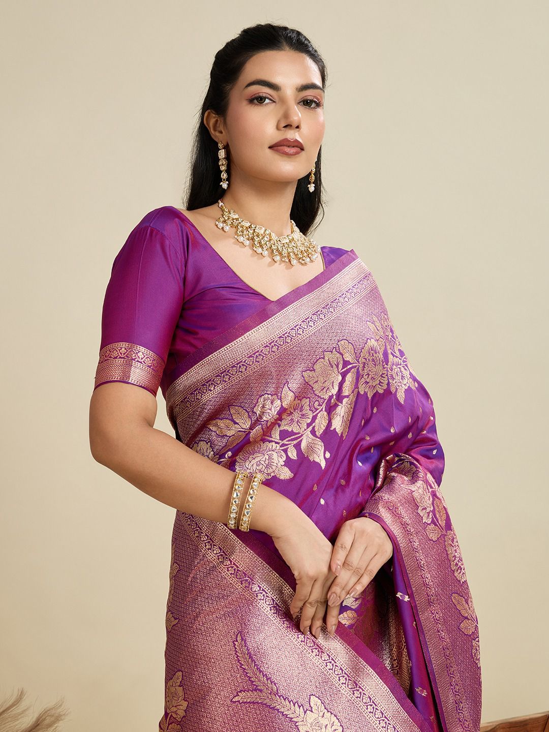 Purple Soft Kanjivaram Silk Zari Weaved Pallu Border Saree