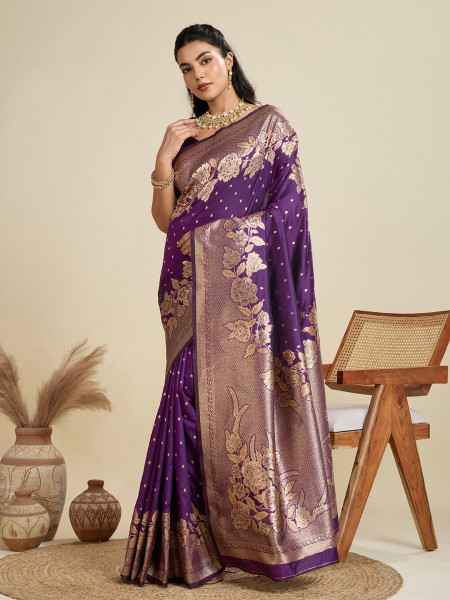 Image of Dark Purple Soft Kanjivaram Silk Zari Weaved Pallu Border Saree