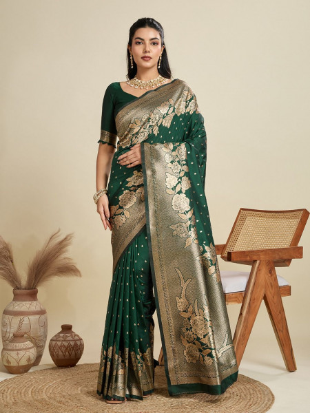 Image of Bottle Green Soft Kanjivaram Silk Zari Weaved Pallu Border Saree