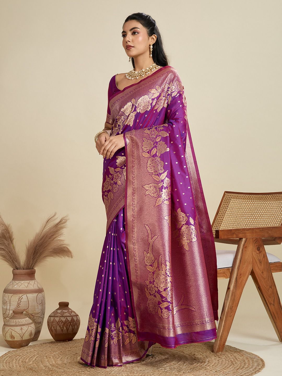 Purple Soft Kanjivaram Silk Zari Weaved Pallu Border Saree