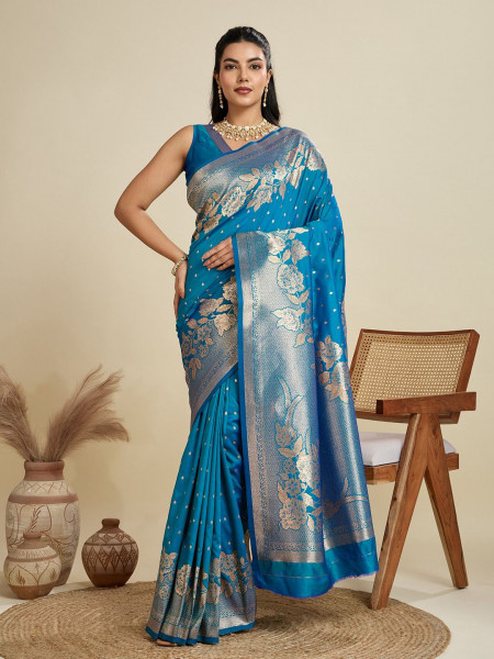 Image of Teal Soft Kanjivaram Silk Zari Weaved Pallu Border Saree