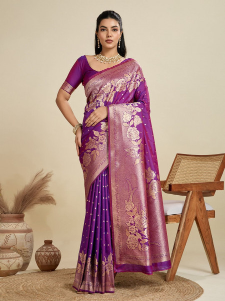 Image of Purple Soft Kanjivaram Silk Zari Weaved Pallu Border Saree