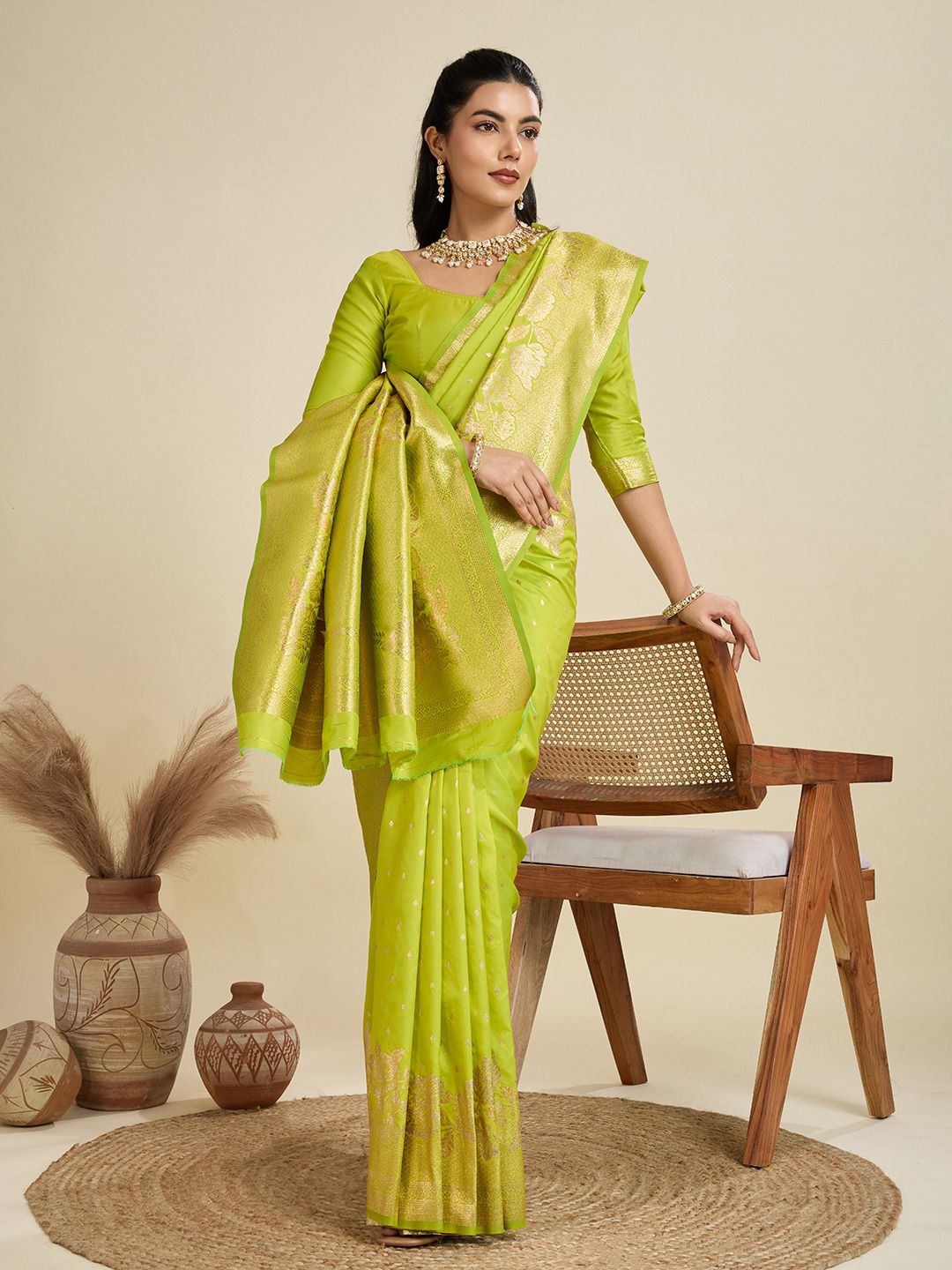 Lime Green Soft Kanjivaram Silk Zari Weaved Pallu Border Saree