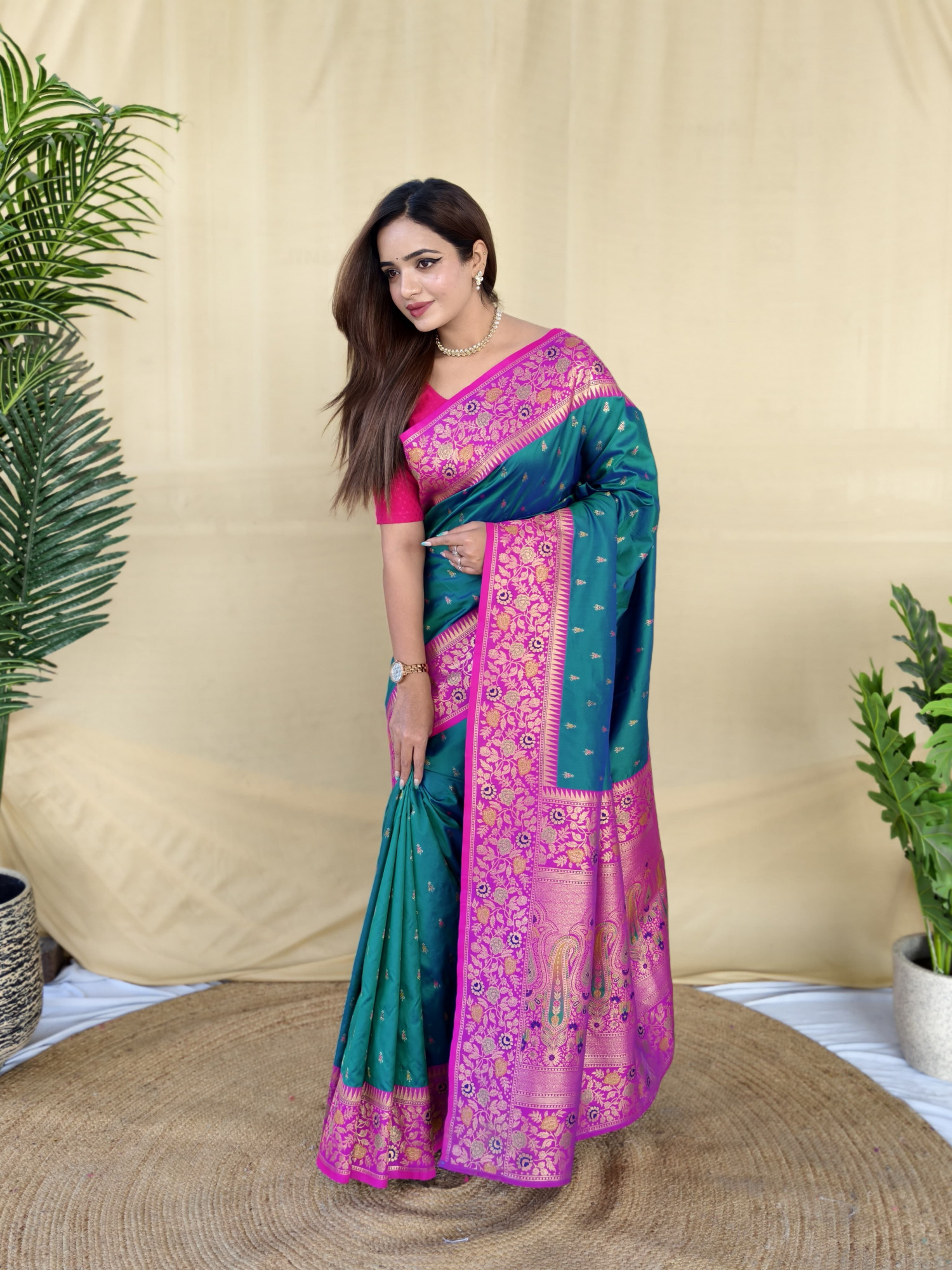 Jade Green Pure Banarasi Silk Zari Weaved Boota Rich Pallu Saree