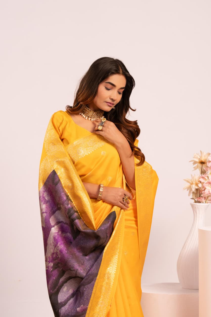 Gold Soft Banarasi Silk Resham Weaved Pallu Zari Border Saree