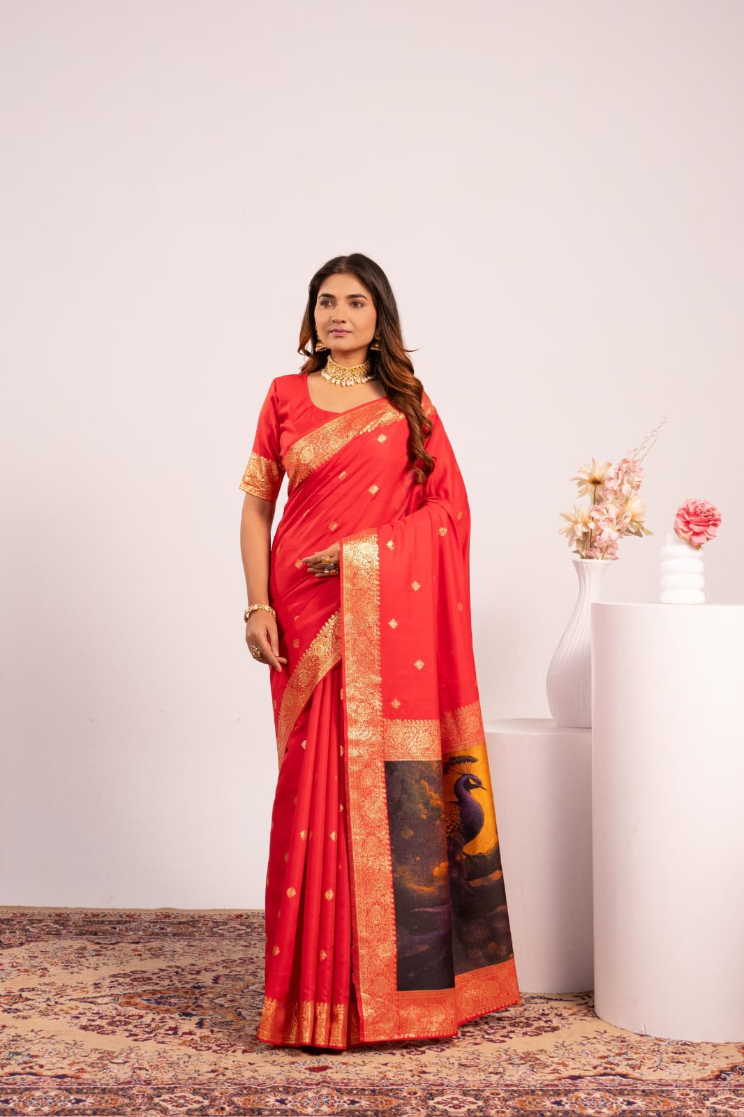 Red Soft Banarasi Silk Resham Weaved Pallu Zari Border Saree