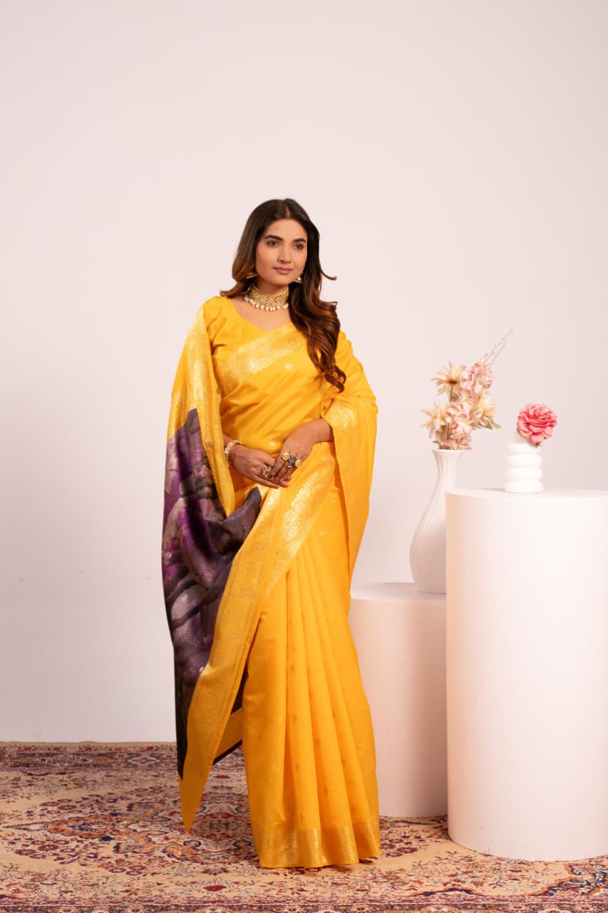 Gold Soft Banarasi Silk Resham Weaved Pallu Zari Border Saree