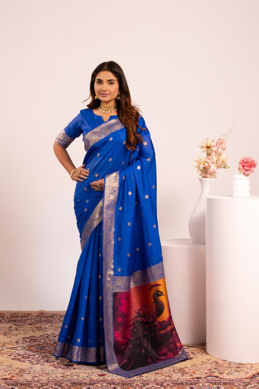 Royal Blue Soft Banarasi Silk Resham Weaved Pallu Zari Border Saree