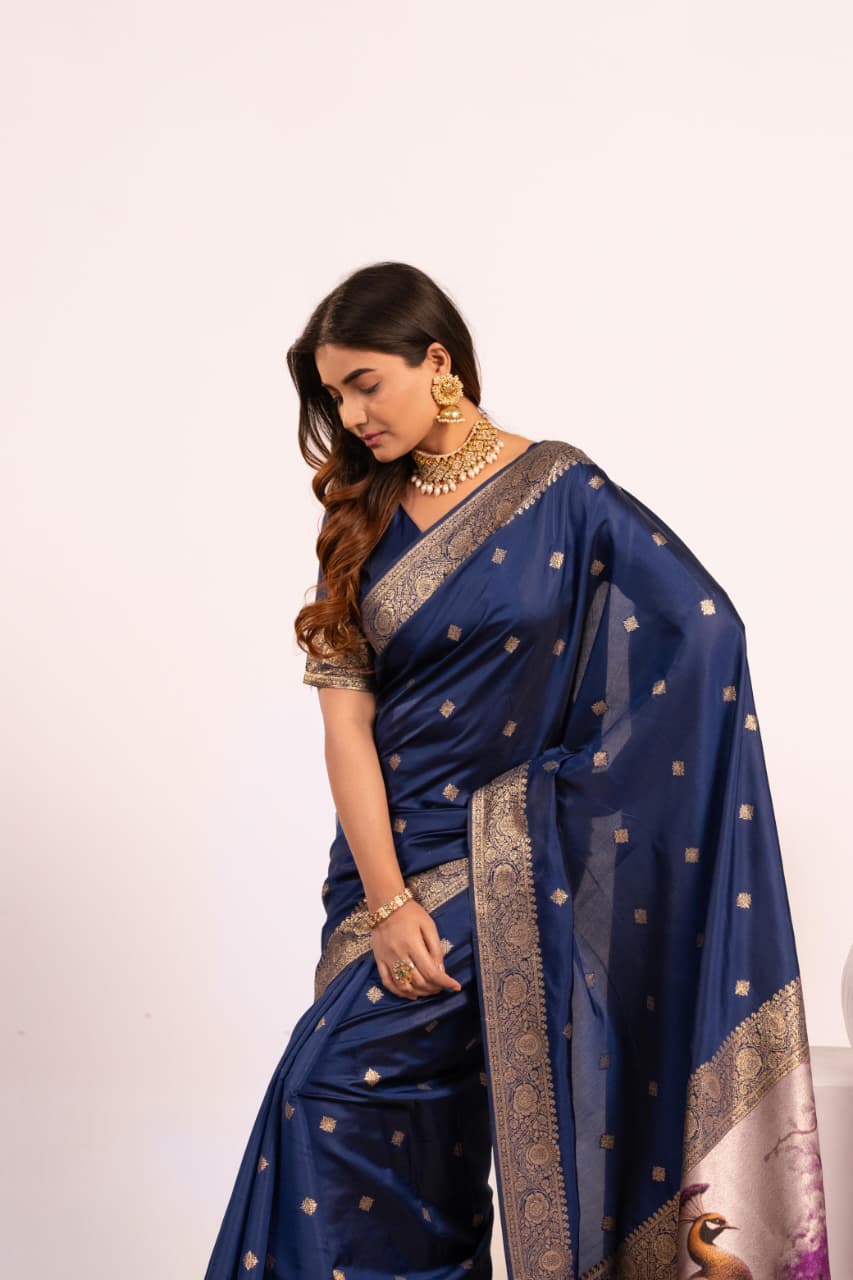 Navy Blue Soft Banarasi Silk Resham Weaved Pallu Zari Border Saree