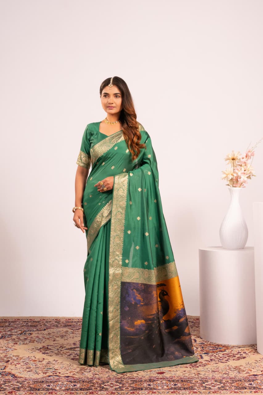 Green Soft Banarasi Silk Resham Weaved Pallu Zari Border Saree