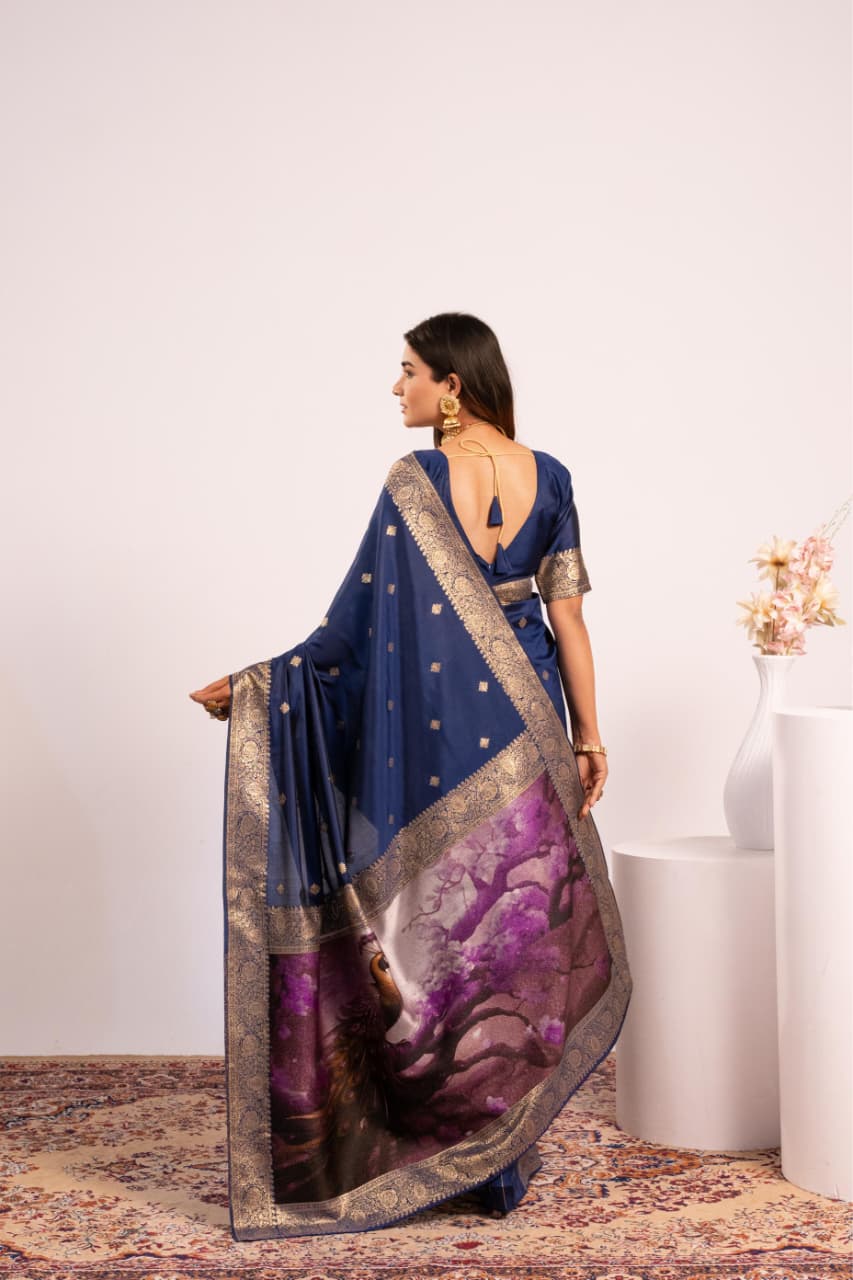 Navy Blue Soft Banarasi Silk Resham Weaved Pallu Zari Border Saree