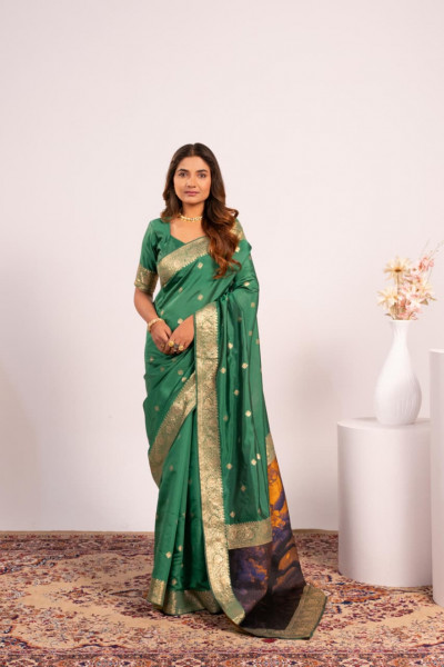 Image of Green Soft Banarasi Silk Resham Weaved Pallu Zari Border Saree