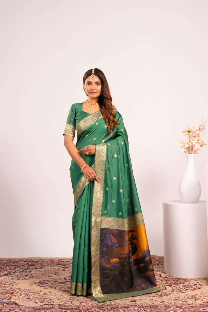 Green Soft Banarasi Silk Resham Weaved Pallu Zari Border Saree