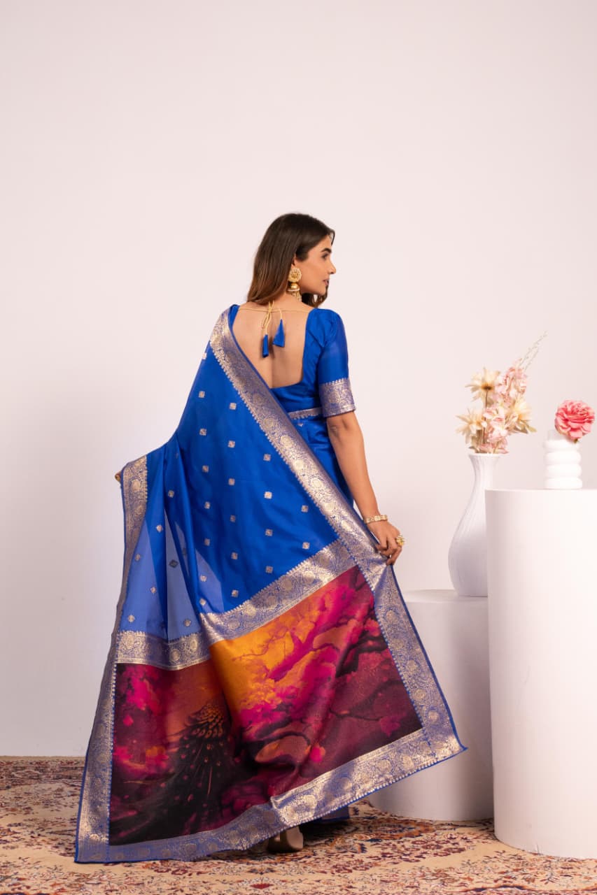 Royal Blue Soft Banarasi Silk Resham Weaved Pallu Zari Border Saree