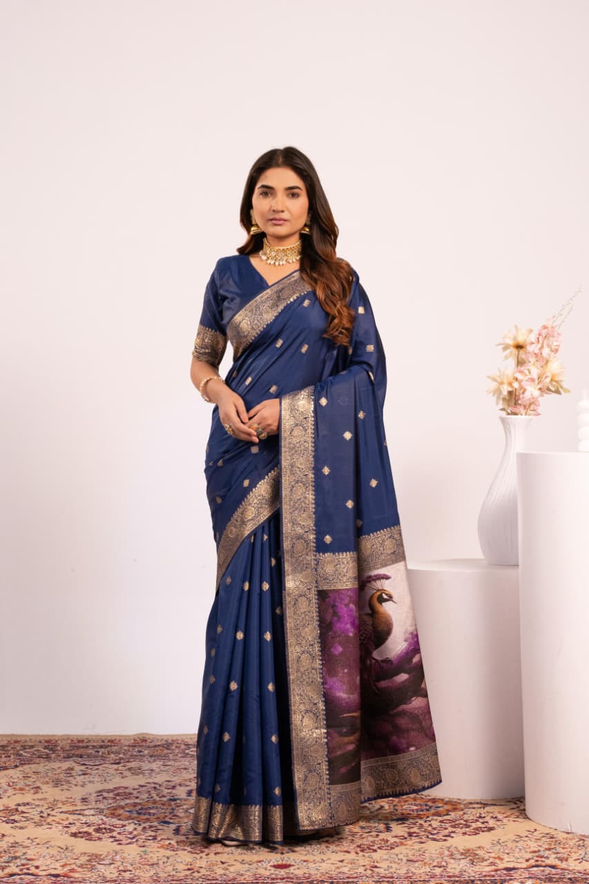 Navy Blue Soft Banarasi Silk Resham Weaved Pallu Zari Border Saree