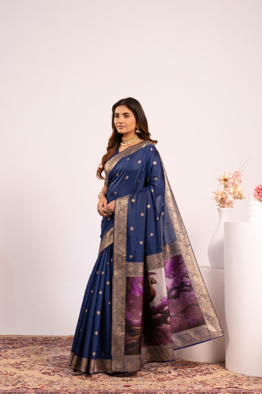 Navy Blue Soft Banarasi Silk Resham Weaved Pallu Zari Border Saree