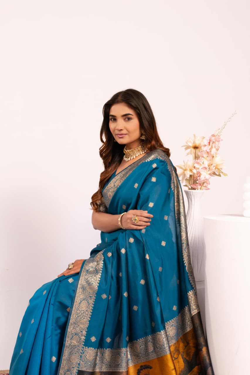 Teal Soft Banarasi Silk Resham Weaved Pallu Zari Border Saree