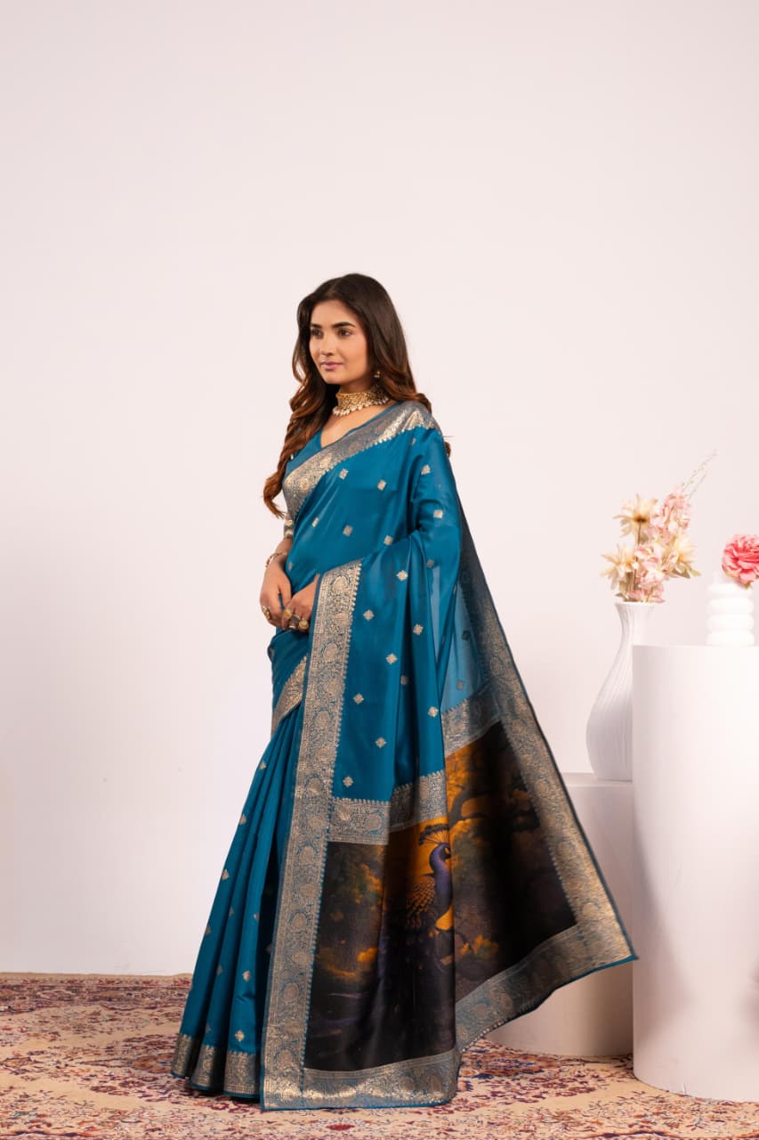 Teal Soft Banarasi Silk Resham Weaved Pallu Zari Border Saree
