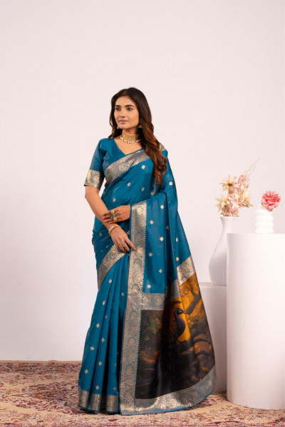 Image of Teal Soft Banarasi Silk Resham Weaved Pallu Zari Border Saree