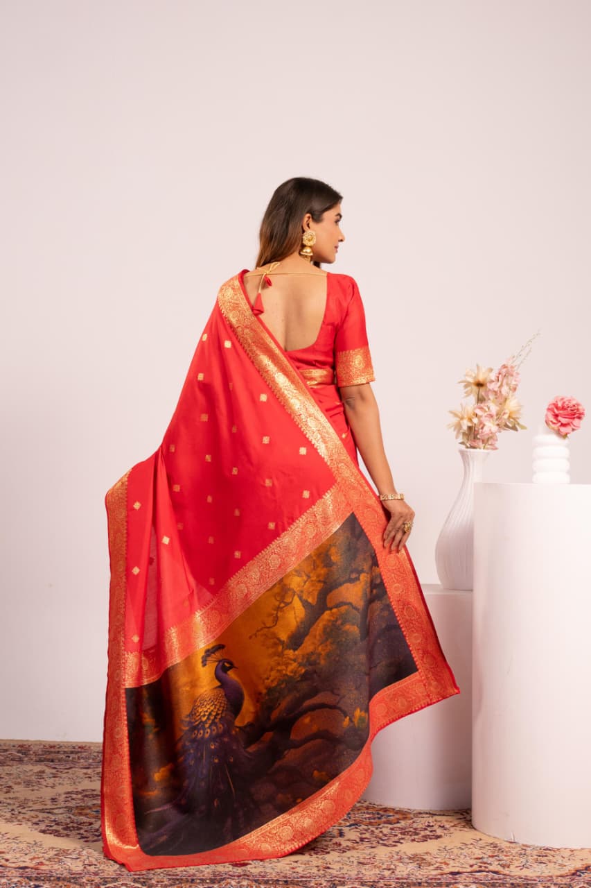 Red Soft Banarasi Silk Resham Weaved Pallu Zari Border Saree