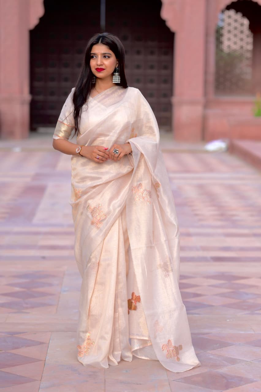Off White Organza Silk Jacquard Weaved Swarovski Work Saree