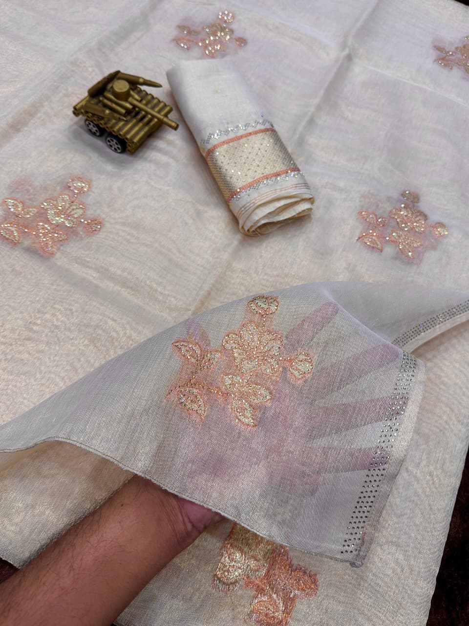 Off White Organza Silk Jacquard Weaved Swarovski Work Saree