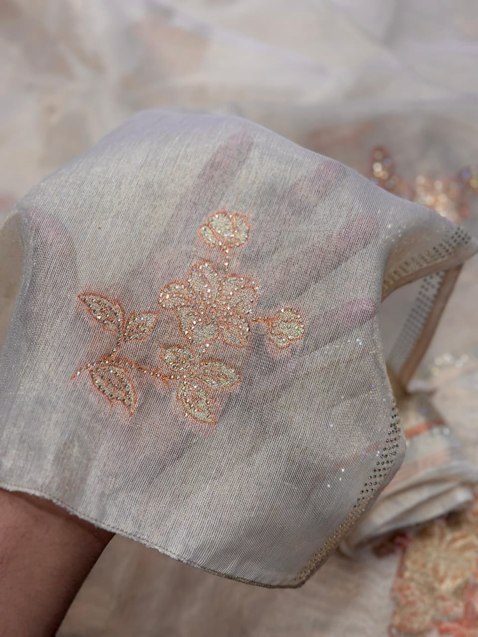 Off White Organza Silk Jacquard Weaved Swarovski Work Saree