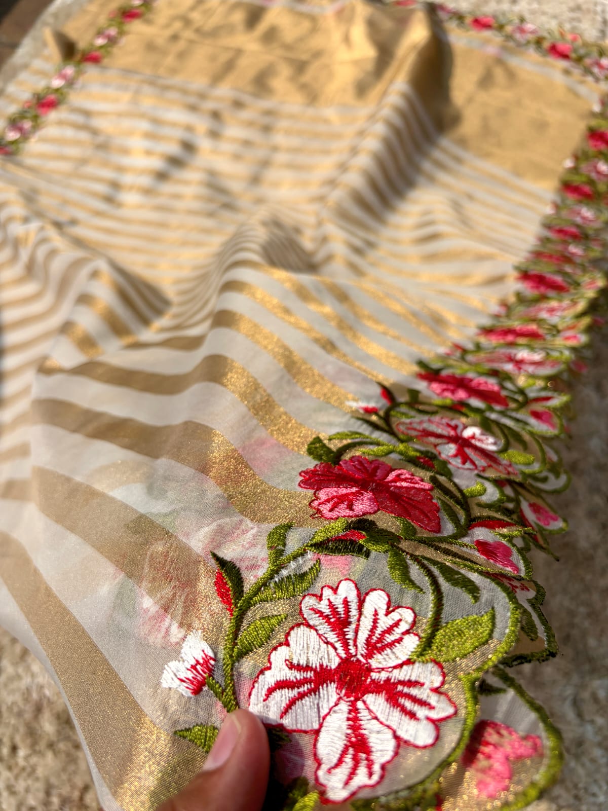 White Organza Tissue Gold Zari Stripes Cutwork Embroidery Saree