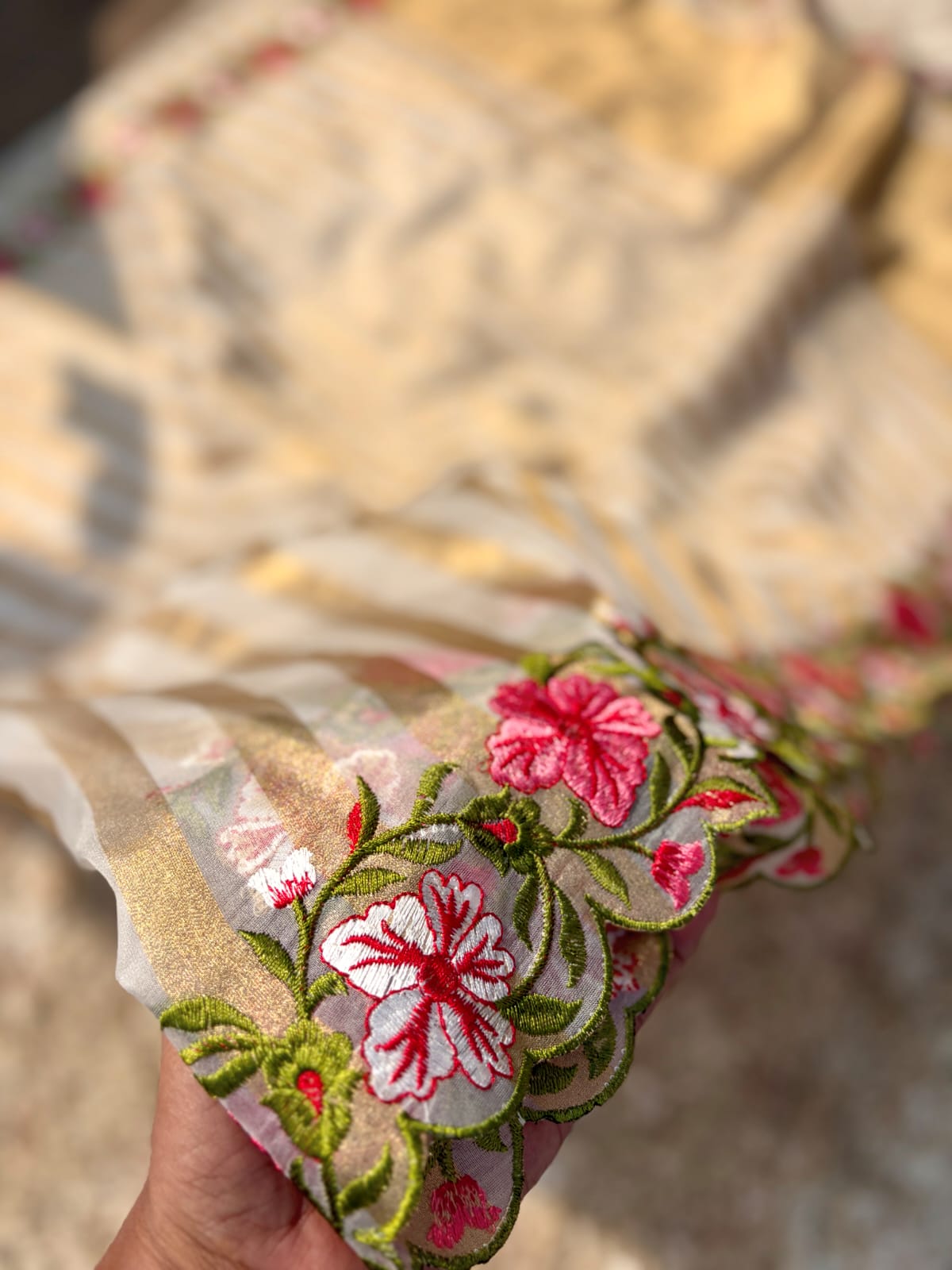 White Organza Tissue  Gold Zari Stripes Cutwork Embroidery Saree