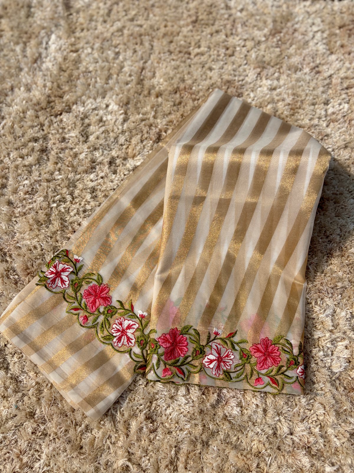 White Organza Tissue Gold Zari Stripes Cutwork Embroidery Saree