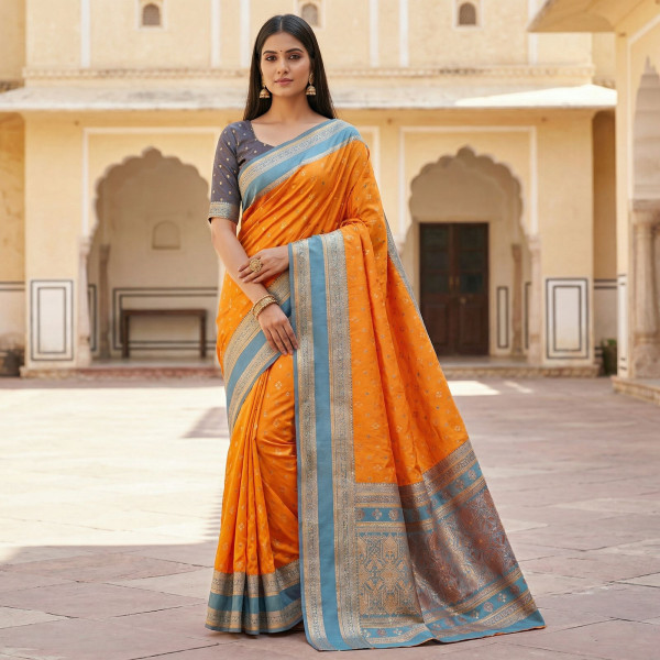 Image of Orange Banarasi Silk Zari Weaved Contrast Pallu Border Saree