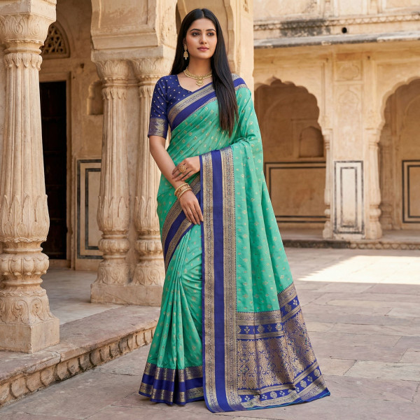 Image of Sea Green Banarasi Silk Zari Weaved Contrast Pallu Border Saree