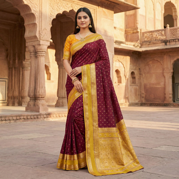 Image of Wine Banarasi Silk Zari Weaved Contrast Pallu Border Saree