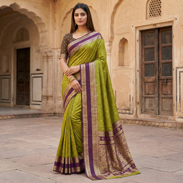 Image of Mehendi Banarasi Silk Zari Weaved Contrast Pallu Border Saree