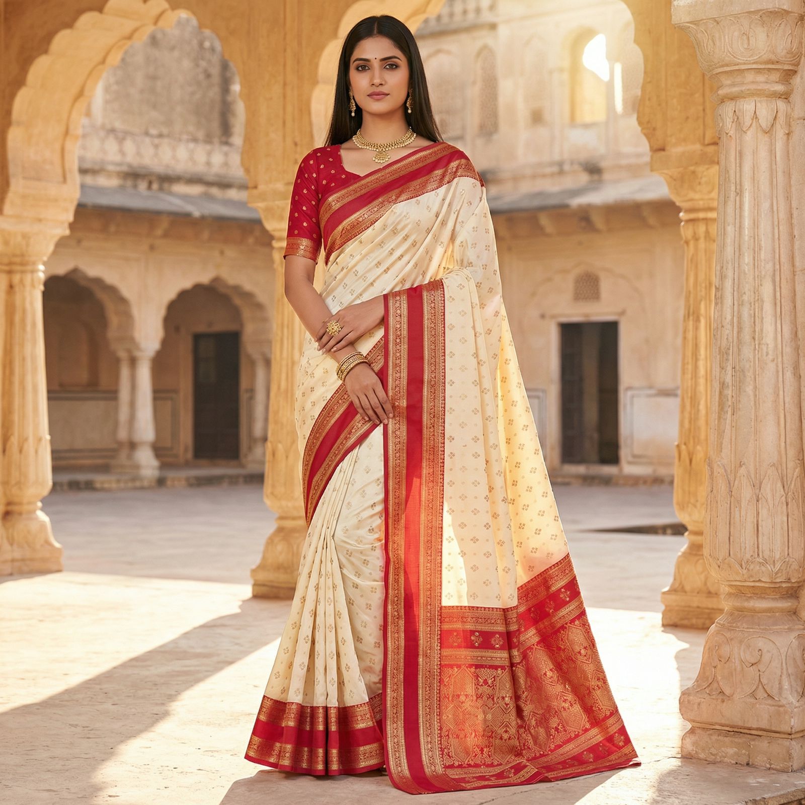 Off-White Banarasi Silk Zari Weaved Contrast Pallu Border Saree