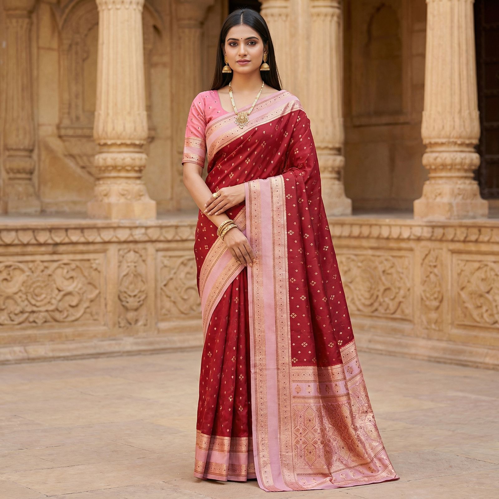 Maroon Banarasi Silk Zari Weaved Contrast Pallu Border Saree