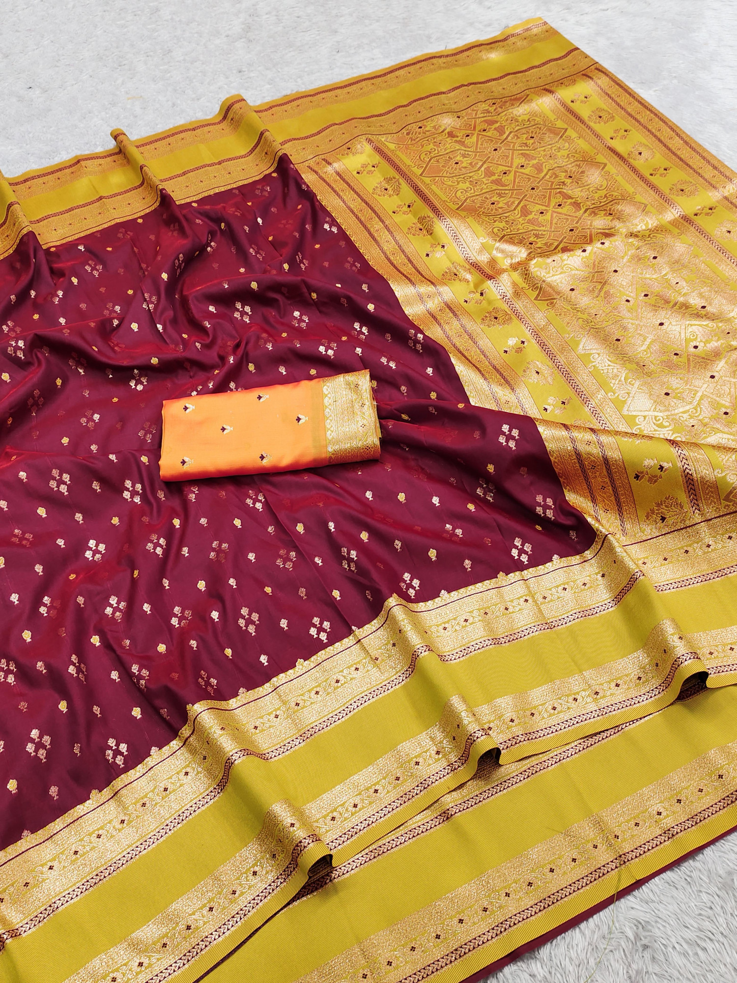 Wine Banarasi Silk Zari Weaved Contrast Pallu Border Saree