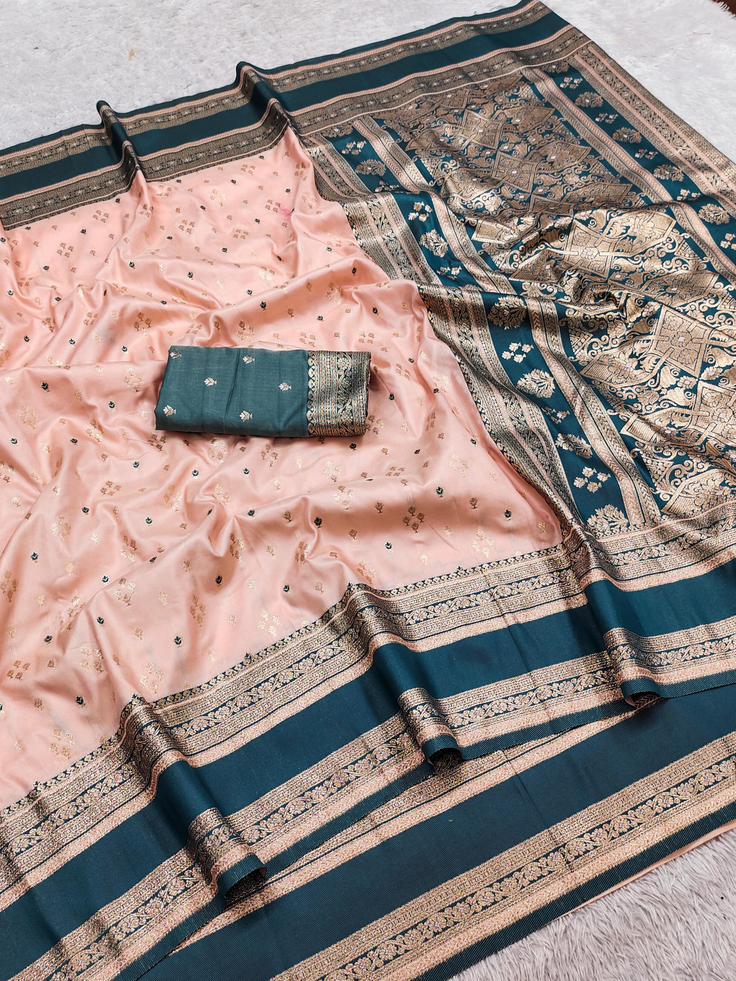 Peach Banarasi Silk Zari Weaved Contrast Pallu Border Saree