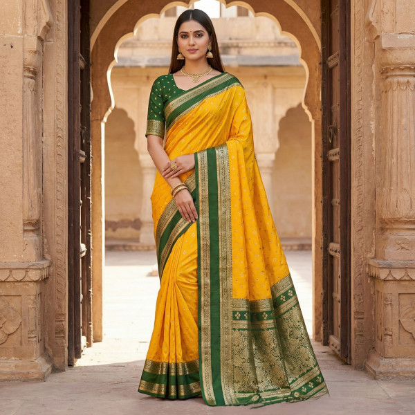 Image of Gold Banarasi Silk Zari Weaved Contrast Green Pallu Border Saree