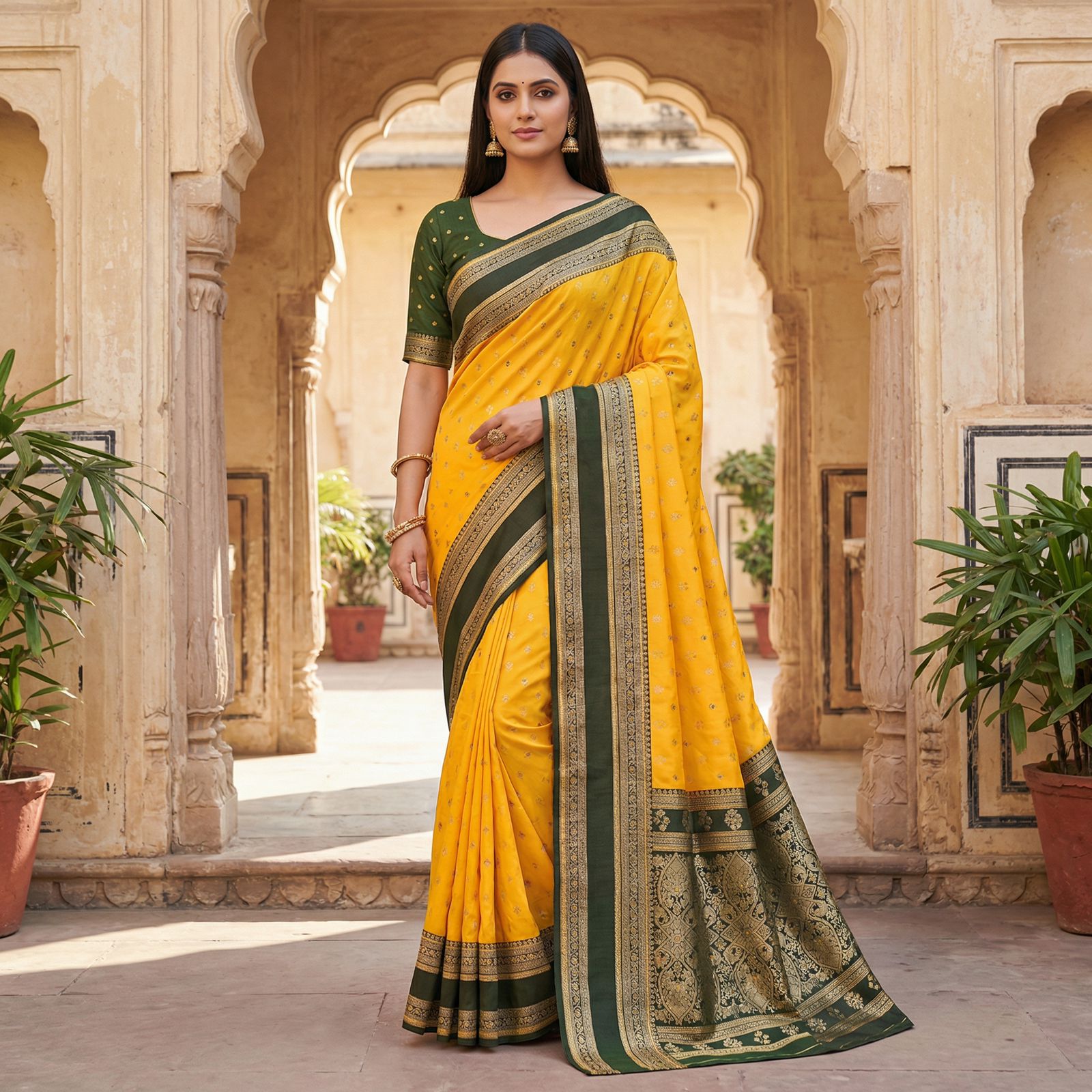 Gold Banarasi Silk Zari Weaved Contrast Pallu Border Saree