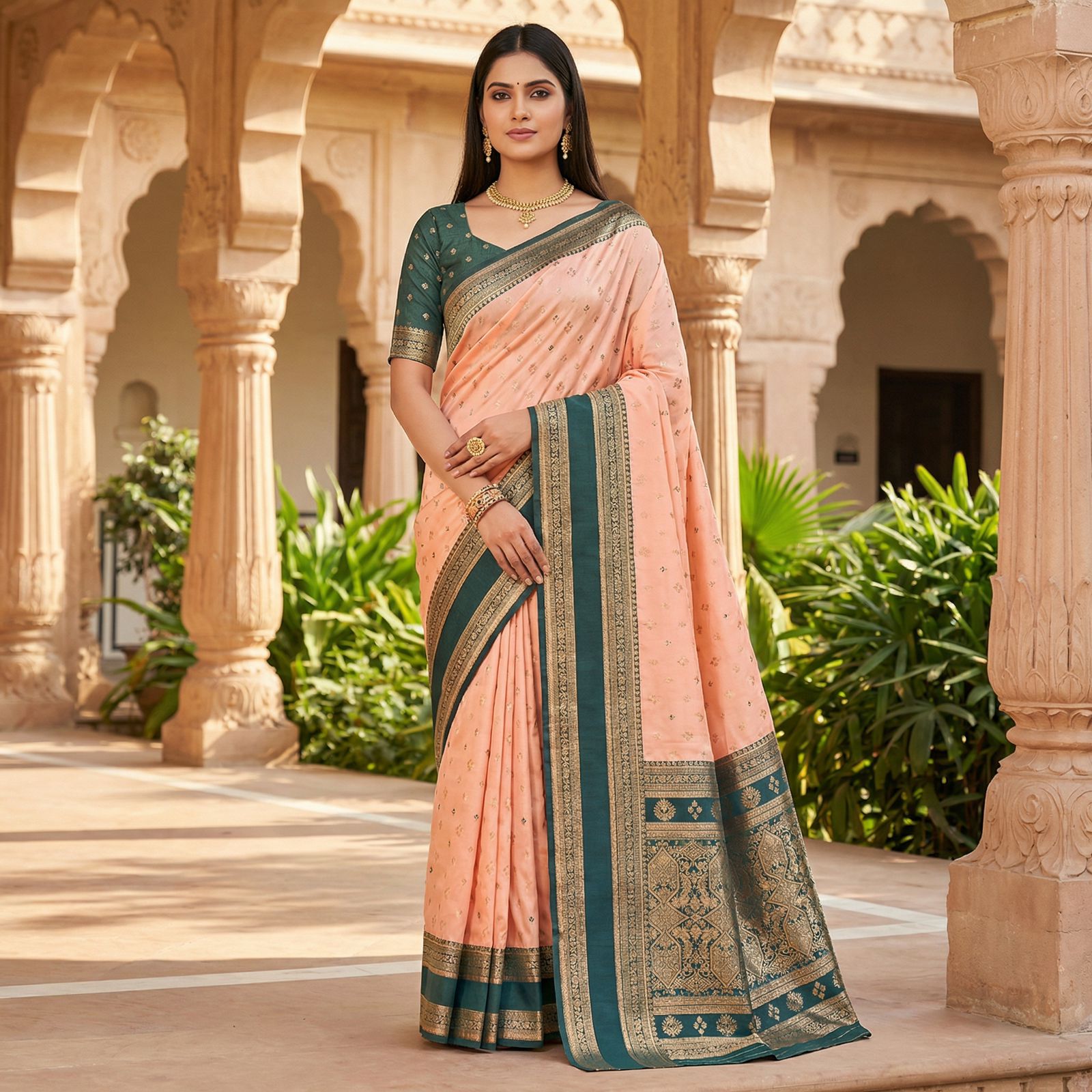 Peach Banarasi Silk Zari Weaved Contrast Pallu Border Saree