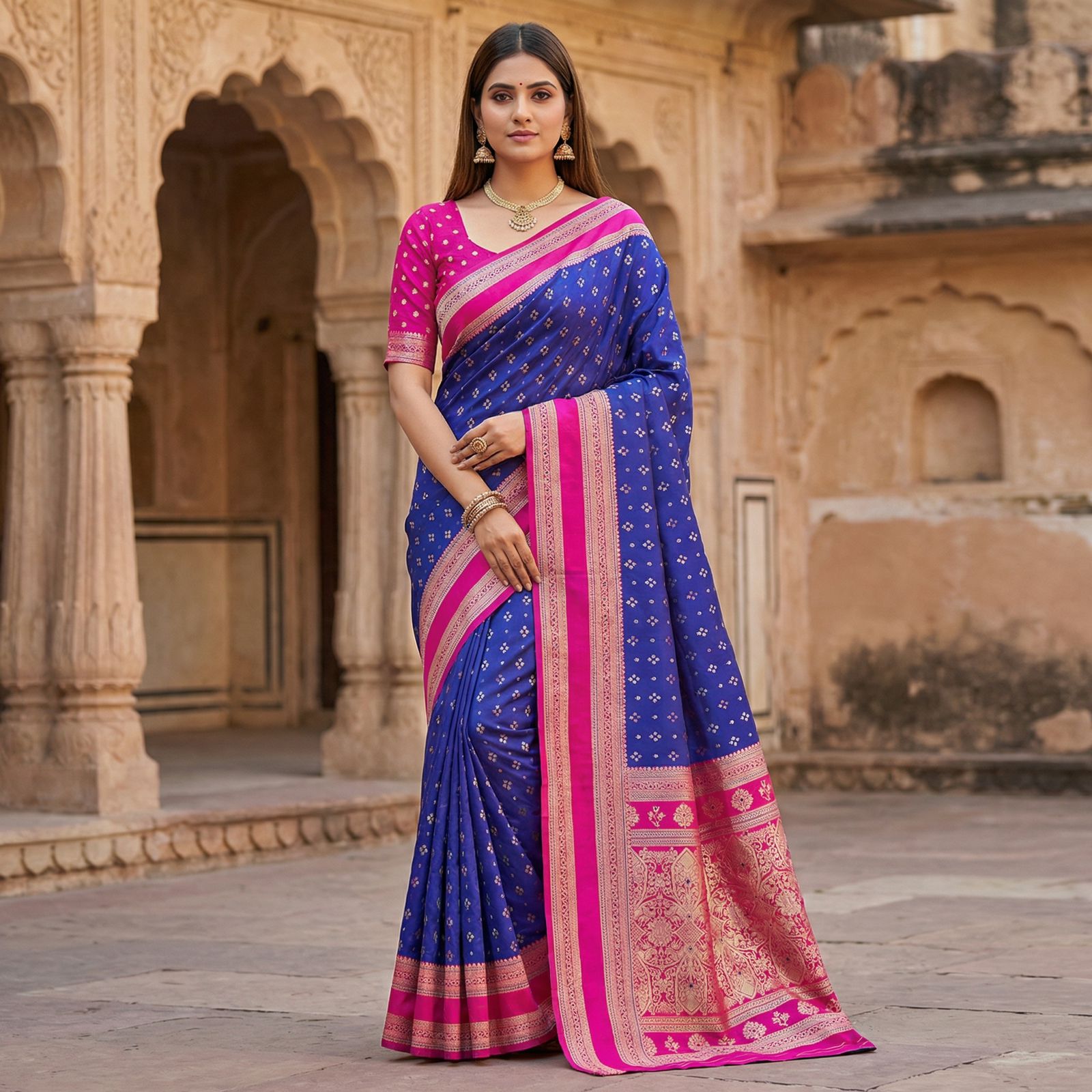 Royal Blue Banarasi Silk Zari Weaved Contrast Pallu Border Saree