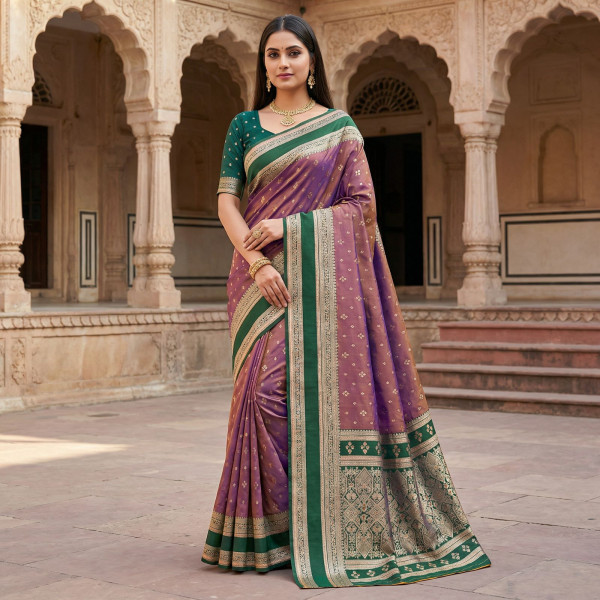 Image of Dark Onion Banarasi Silk Zari Weaved Contrast Green Pallu Border Saree