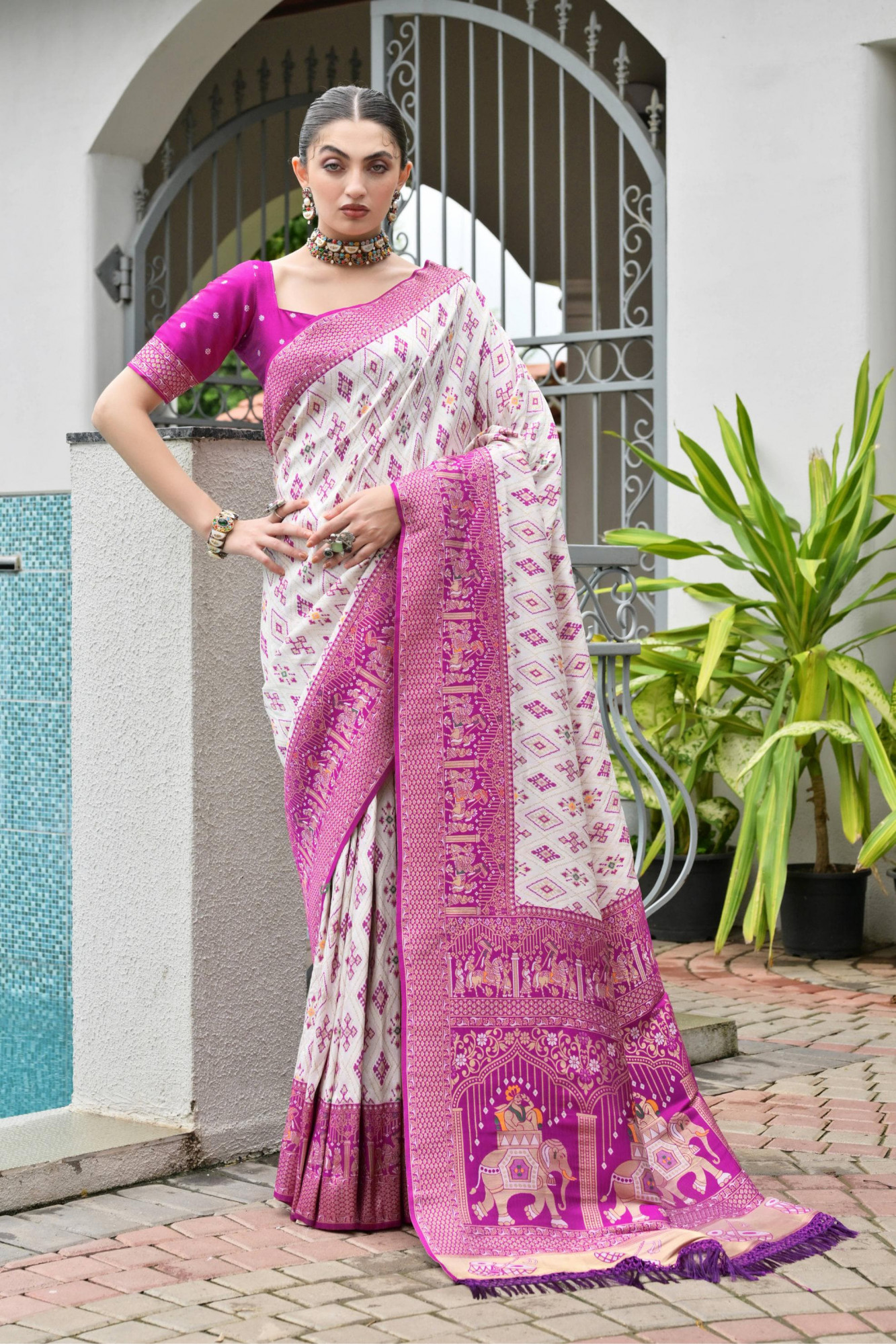 Off White Purple Premium Banarasi Patola Ajrakh Weaved Saree