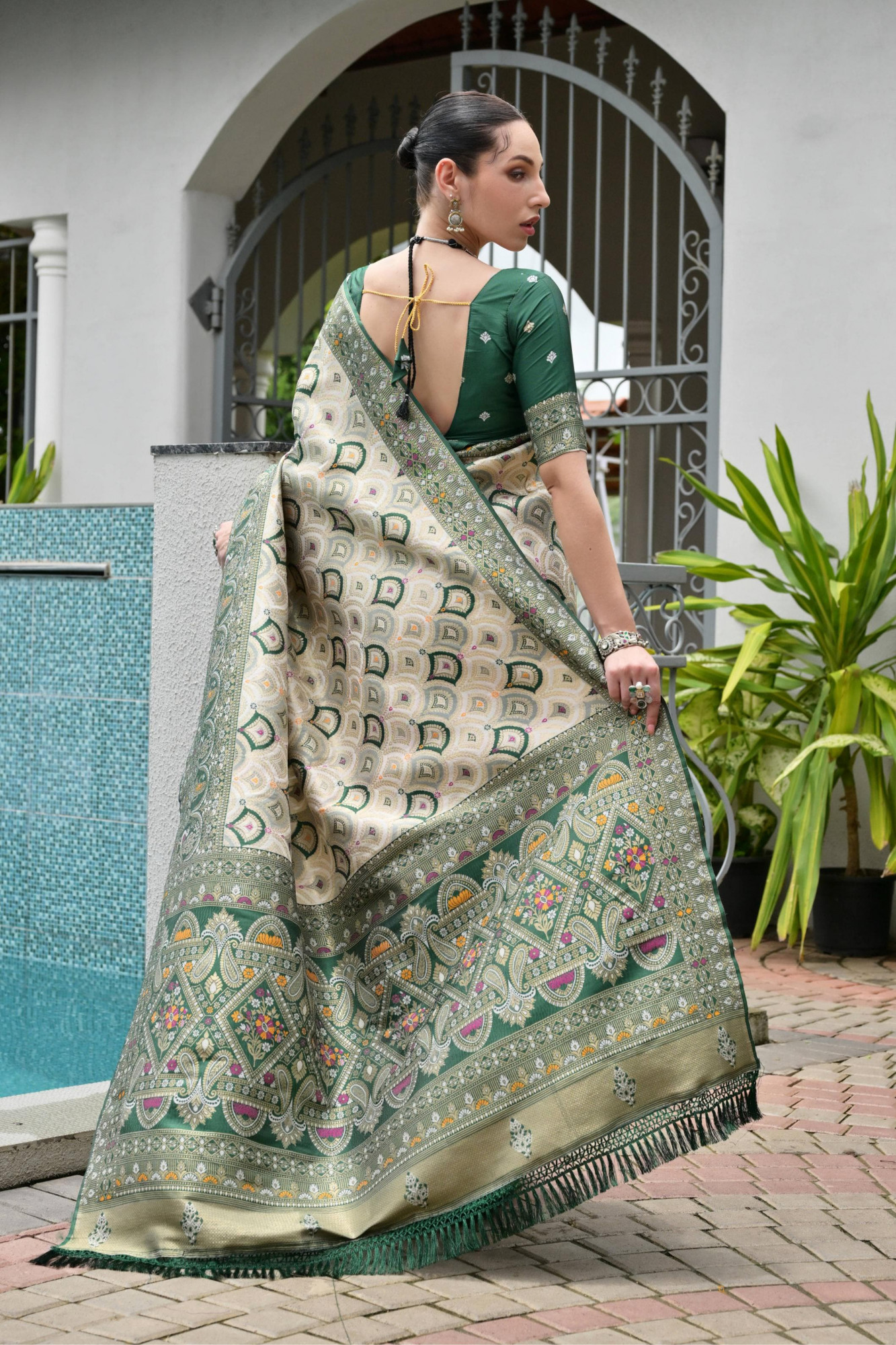 Cream With Green Premium Banarasi Patola Ajrakh Weaved Saree