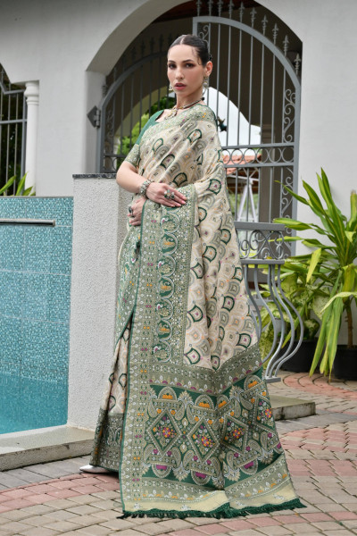 Image of Cream With Green Premium Banarasi Patola Ajrakh Weaved Saree