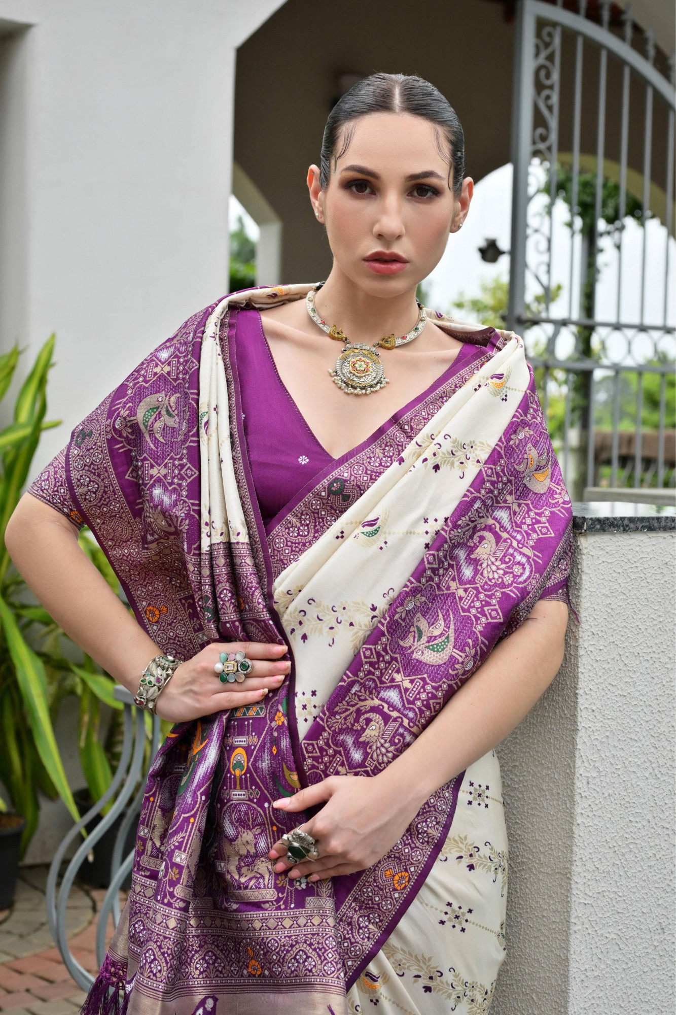 Off White Dark Purple Premium Banarasi Patola Ajrakh  Weaved Saree