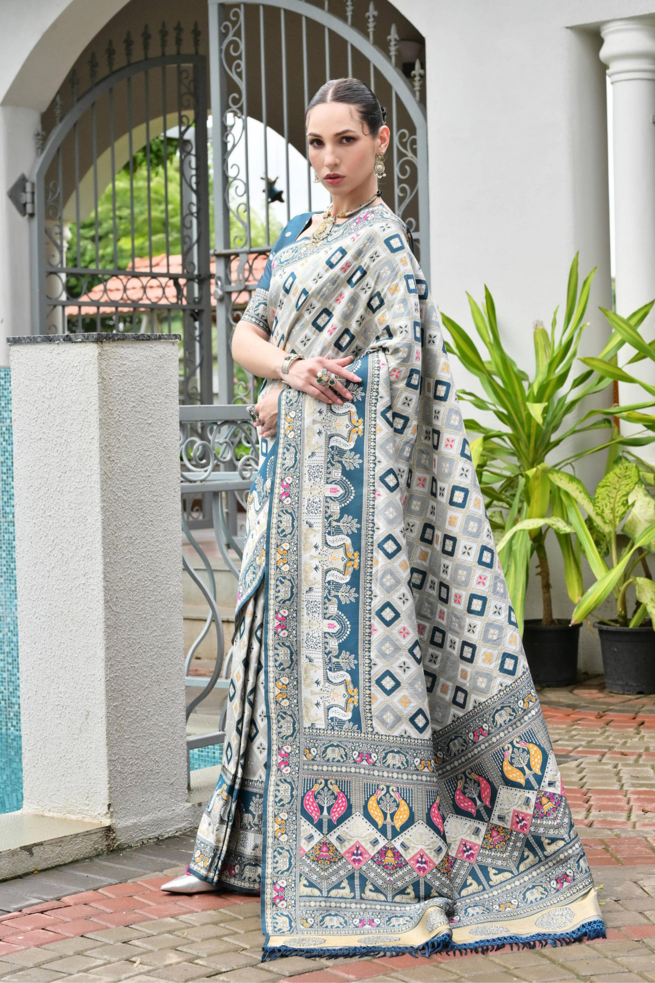 Off White Teal Premium Banarasi Patola Ajrakh Weaved Saree