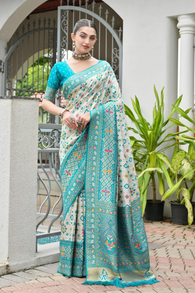 Image of Cream Jade Green Premium Banarasi Patola Ajrakh Weaved Saree